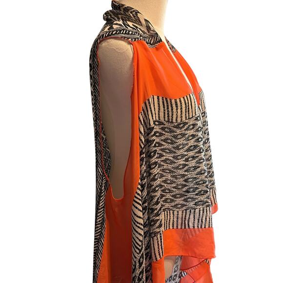 Shawl Vest Top Poncho Kimono Open Orange Black Geo Aztec Boho Gypsy Hippie - Picture 6 of 11